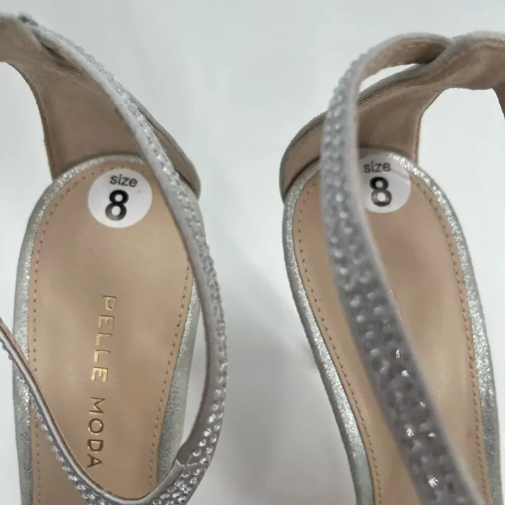 PELLE MODA Heels Size 8 Onora Platform Silver Rhinestone Crystals Strappy Ankle